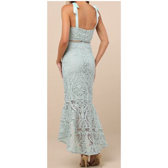 New Lulus Won Your Heart Sage Green Lace Tie-Strap High-Low Midi Dress - Picture 4 of 4